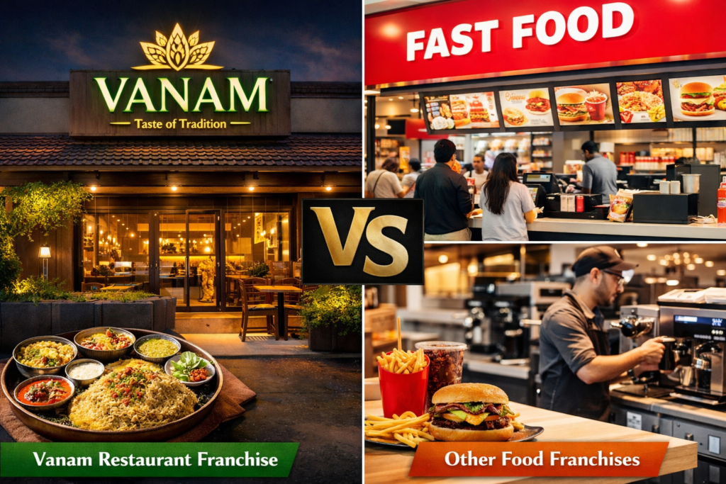 “Comparison of Vanam Restaurant franchise with other food franchises, showing Vanam outlet with Indian dishes on the left and typical fast food restaurant with burgers and fries on the right, highlighting franchise differences.