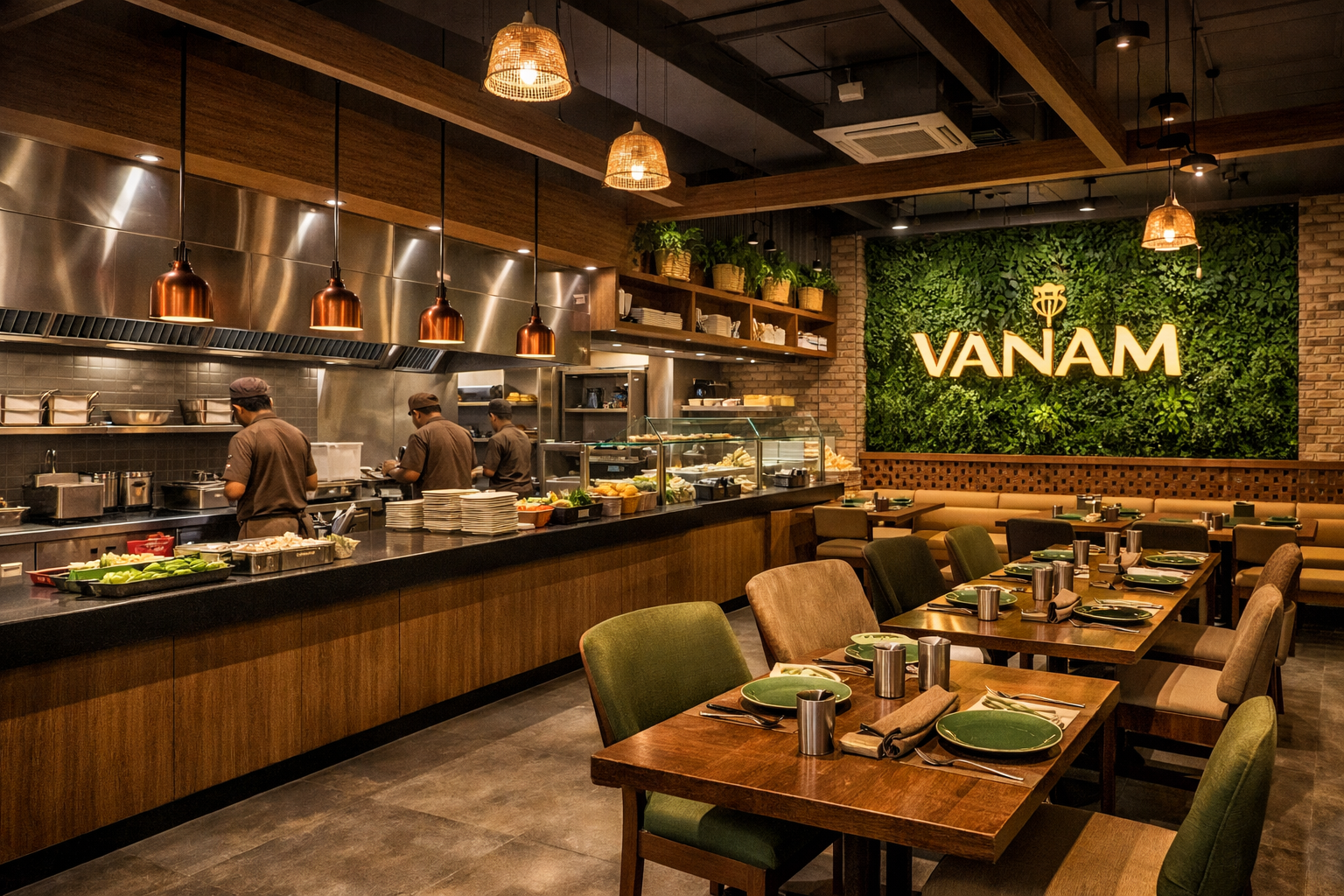 “Interior of a Vanam Restaurant franchise showing open kitchen, chefs preparing food, and dining area with tables, chairs, and branded green wall”