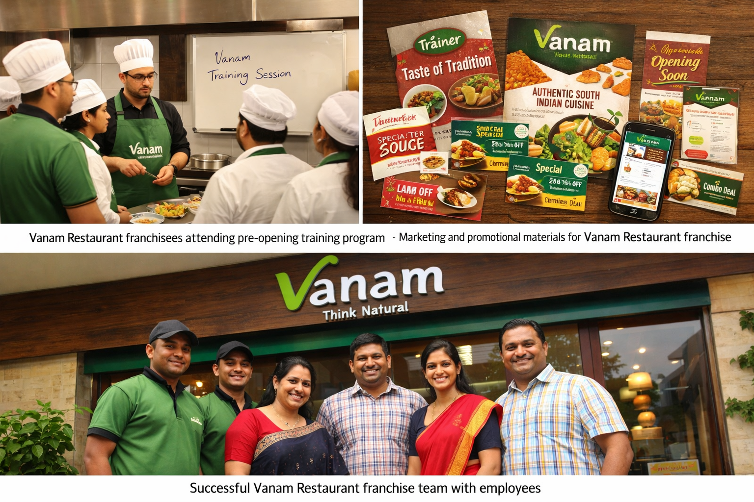 “Vanam Restaurant franchisees attending pre-opening training program with chef demonstrating kitchen operations”