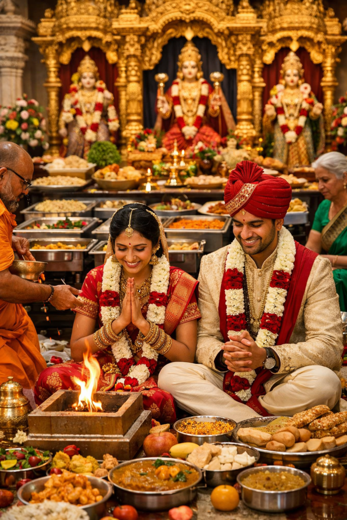 Temple marriage catering setup with authentic Indian vegetarian wedding food in Schaumburg and Chicago suburbs