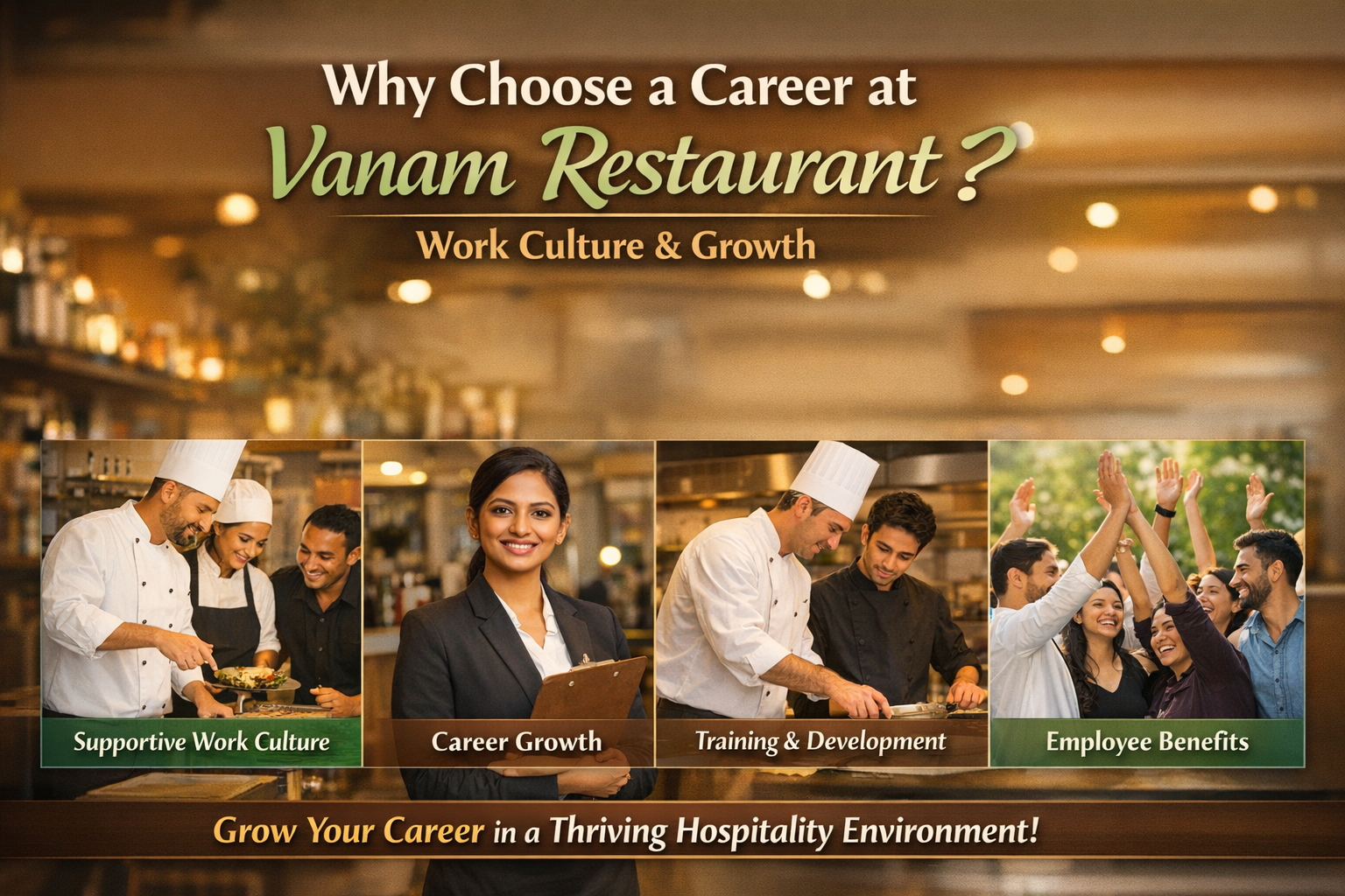 “Career opportunities at Vanam Restaurant showcasing supportive work culture, employee growth, training, and hospitality professionals at work”
