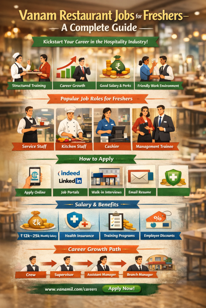  Vanam Restaurant jobs for freshers showing service staff, kitchen staff, cashier, and management trainee roles
