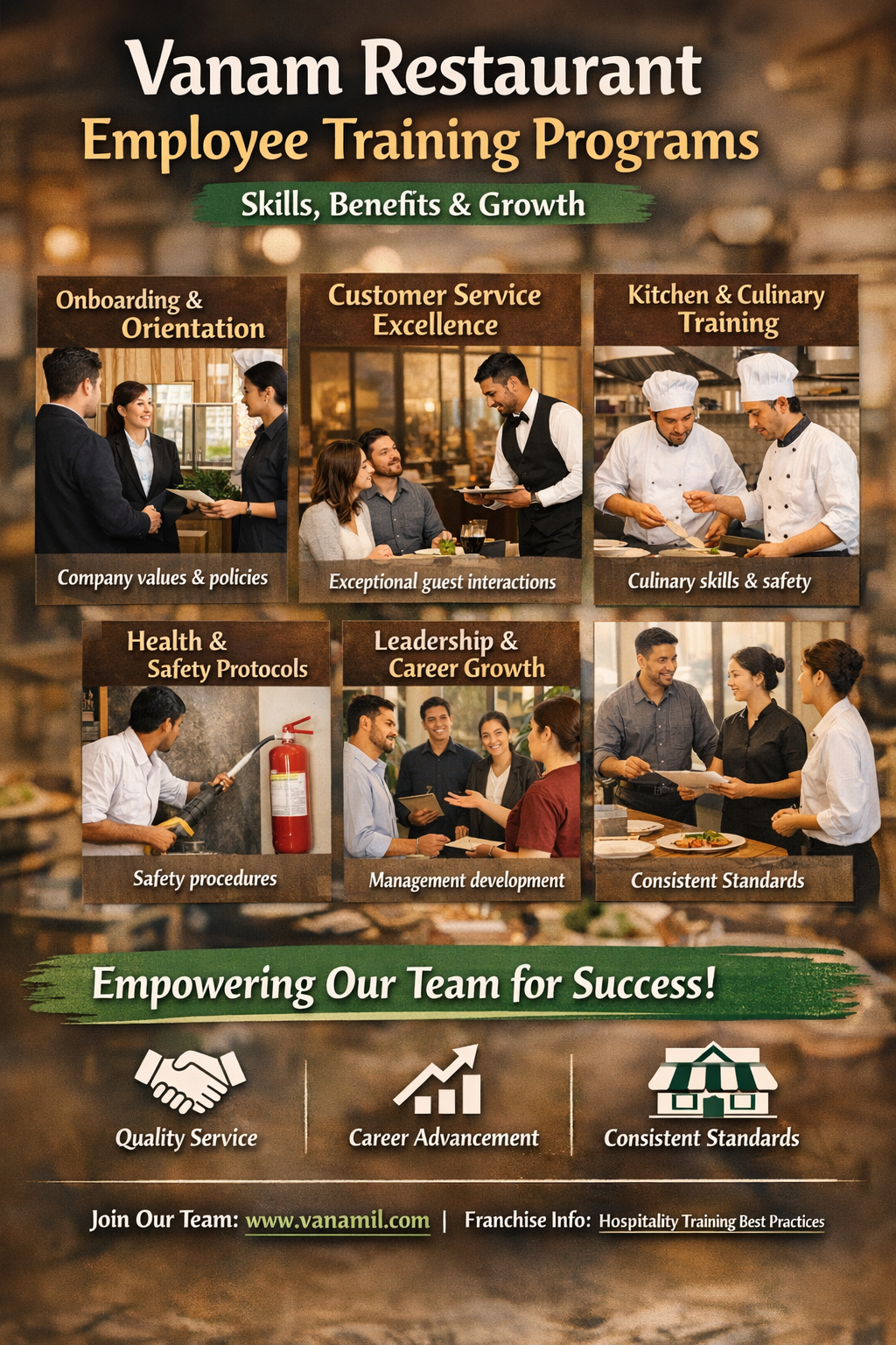 “Vanam Restaurant employee training programs covering onboarding, customer service, culinary skills, safety, and career growth.”