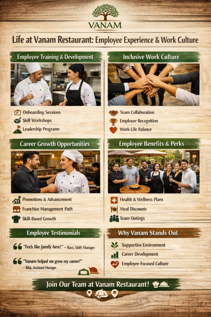 Vanam Restaurant is not just about serving delicious food—it’s about creating a vibrant environment where employees thrive. From onboarding to career growth, Vanam focuses on cultivating a supportive and engaging work culture that makes every employee feel valued and motivated. Whether you are a chef, server, manager, or support staff, Vanam offers opportunities to learn, grow, and succeed in the restaurant industry. H2 — Employee Training and Development Programs At Vanam, we believe that well-trained employees deliver the best customer experiences. That’s why our restaurant offers comprehensive training programs for all staff. Onboarding Training: New employees undergo detailed training on Vanam’s operations, food preparation standards, and customer service guidelines. Skill Enhancement Workshops: Regular workshops help employees sharpen culinary, management, and service skills. Leadership Programs: Aspiring managers can participate in leadership development programs to grow within the organization. This focus on continuous learning ensures employees stay motivated and excel in their roles, contributing to Vanam’s success. H2 — A Positive and Inclusive Work Culture Vanam Restaurant fosters a friendly, respectful, and inclusive work environment. Team Collaboration: Employees are encouraged to collaborate across departments, enhancing teamwork and efficiency. Employee Recognition: Outstanding performance is celebrated through awards, shout-outs, and growth opportunities. Work-Life Balance: Flexible schedules and fair shifts ensure employees maintain a healthy balance between work and personal life. Open Communication: Management is approachable, fostering a culture of transparency and trust. Such practices create a workplace where employees feel valued, respected, and inspired. H2 — Career Growth Opportunities Vanam doesn’t just hire employees; we invest in their long-term growth. Promotions and Internal Mobility: Employees can move across roles or locations based on their performance and interests. Skill-Based Recognition: Mastery of culinary techniques or leadership skills is rewarded. Franchise Management Path: Top-performing employees may get opportunities to manage or even own franchise units, creating a unique career path. With structured career progression, Vanam ensures that employees see a future with the brand, not just a job. H2 — Employee Benefits and Perks Vanam Restaurant offers a range of benefits that make working here rewarding: Competitive salaries and incentives Health and wellness benefits Training allowances and workshops Meal discounts for staff Team-building events and outings These perks not only enhance job satisfaction but also help retain top talent. H2 — Employee Testimonials “Working at Vanam feels like being part of a family. The management genuinely cares about our growth, and the team spirit is amazing.” – Ravi, Shift Manager “The training programs helped me advance from a server to assistant manager in just two years. Vanam invests in its people!” – Sita, Assistant Manager Such testimonials reflect the positive employee experience at Vanam. H2 — Why Vanam Stands Out as an Employer Vanam Restaurant is recognized for its employee-centric approach, which translates into better service and happier customers. By fostering growth, inclusivity, and engagement, Vanam creates a sustainable work culture that benefits both employees and the brand. Internal Links Suggestions: Vanam Restaurant Franchise Opportunity Vanam Restaurant Career Page Outbound Links Suggestions: Inc – Defining Employee Training Programs ALT TEXT "Infographic showing life at Vanam Restaurant, highlighting employee training, inclusive work culture, career growth opportunities, benefits and perks, testimonials, 